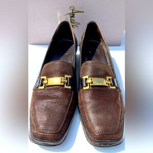 Amalfi brown snakeskin with black trim , women’s stacked loafer -size 10S